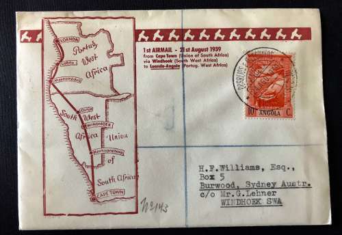 1939 1ST AIRMAIL CAPE TOWN VIA WINDHOEK TO LOANDA ANGOLA DESTINED FOR SYDNEY AUSTRALIA UNOPENED
