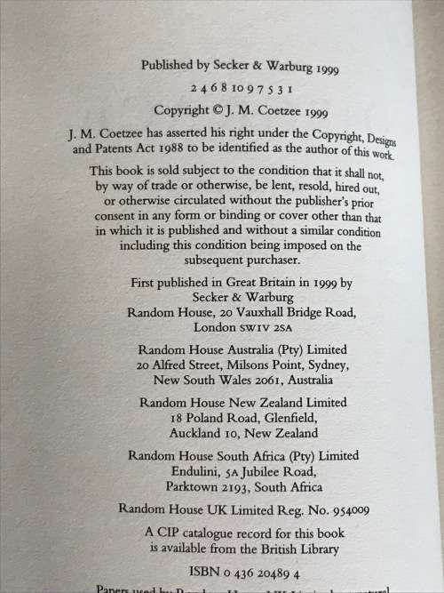 DISGRACE BY J.M. COETZEE 1ST EDITION
