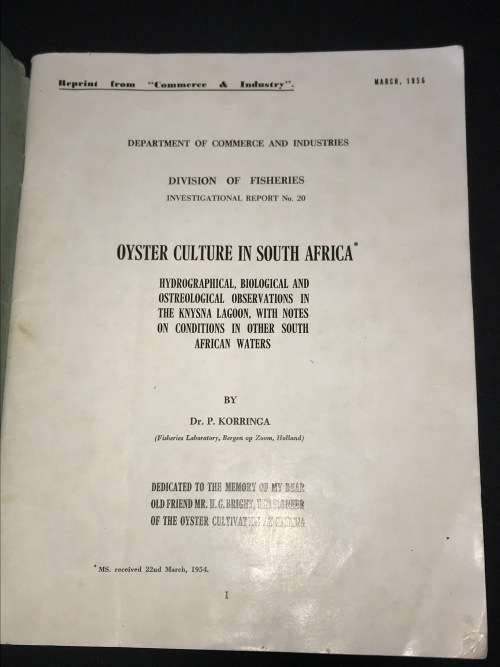 OYSTER CULTURE IN SOUTH AFRICA BY DR P. KORRINGER 1956