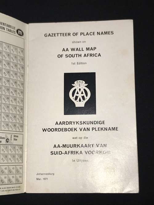 AA SOUTH AFRICAN PLACE NAMES BOOKLET 1ST EDITION 1971