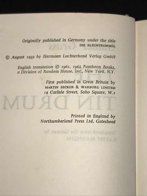 THE TIN DRUM BY GUNTHER GRASS 1ST UK EDITION 1962