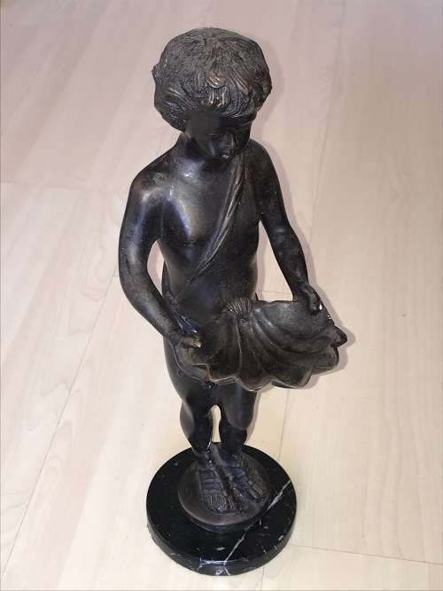 BRONZE STATUE BOY WITH GIANT CLAM SHELL