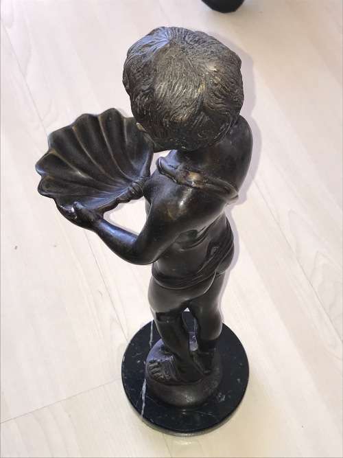 BRONZE STATUE BOY WITH GIANT CLAM SHELL