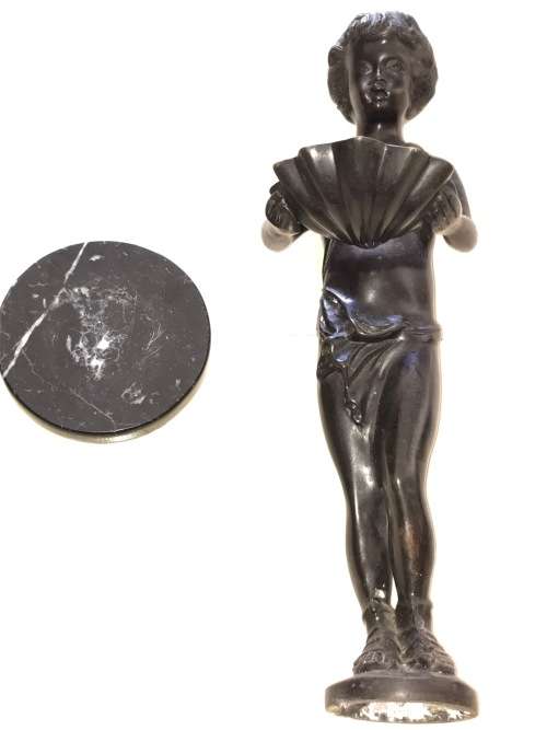 BRONZE STATUE BOY WITH GIANT CLAM SHELL