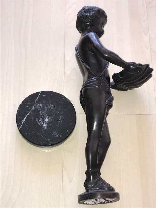 BRONZE STATUE BOY WITH GIANT CLAM SHELL