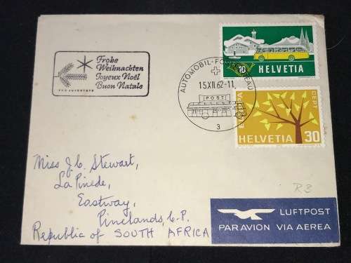 1962 HELVETIA COVER AUTOMOBIL POSTBUREAU TO RSA