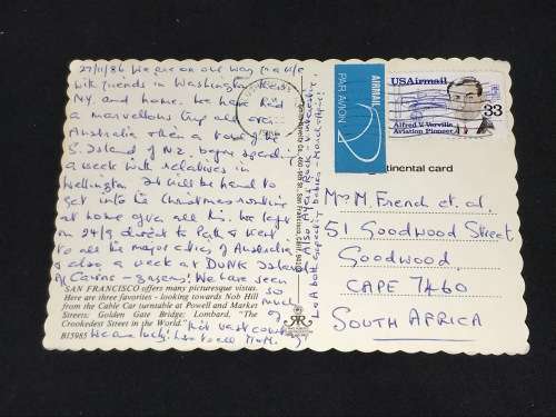 VINTAGE POSTCARD SAN FRANCISCO USA TO SOUTH AFRICA