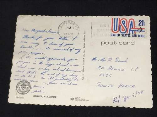 VINTAGE POSTCARD OF DENVER COLORADO USA TO SOUTH AFRICA