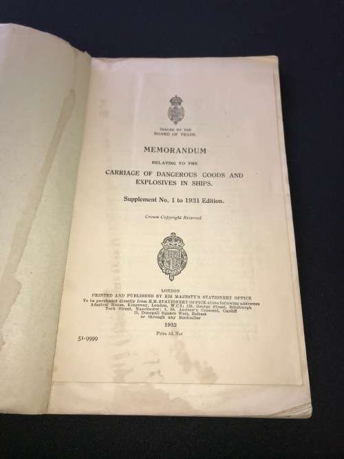EXPLOSIVES ACT 1911 UNION OF SOUTH AFRICA AND 1932 MEMO RELATING TO CARRIAGE OF DANGEROUS GOODS