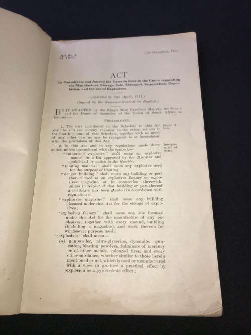 EXPLOSIVES ACT 1911 UNION OF SOUTH AFRICA AND 1932 MEMO RELATING TO CARRIAGE OF DANGEROUS GOODS