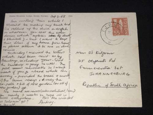 1968 COLOUR NORWAY POSTCARD TO JHB SOUTH AFRICA