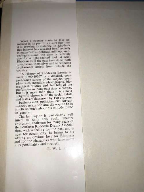 A HISTORY OF RHODESIAN ENTERTAINMENT 1890-1930 BY C.T.C. TAYLOR