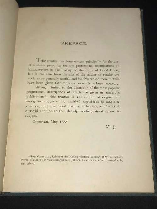 A TREATISE ON MAP-PROJECTIONS BY C.L.H. MAX JURISCH CAPE TOWN 1890 PRESENTATION COPY