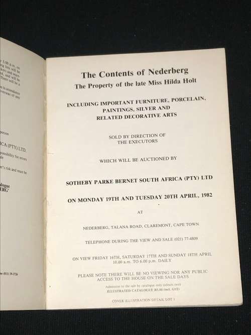 SOTHEBY`S CATALOGUE OF CONTENTS OF NEDERBURG APRIL 1982
