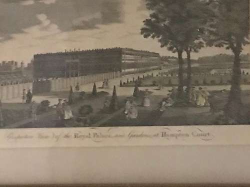 ORIGINAL ANTIQUE 1775 PERSPECTIVE VIEW OF THE ROYAL PALACE AND GARDENS AT HAMPTON COURT PRINT