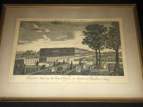 ORIGINAL ANTIQUE 1775 PERSPECTIVE VIEW OF THE ROYAL PALACE AND GARDENS AT HAMPTON COURT PRINT