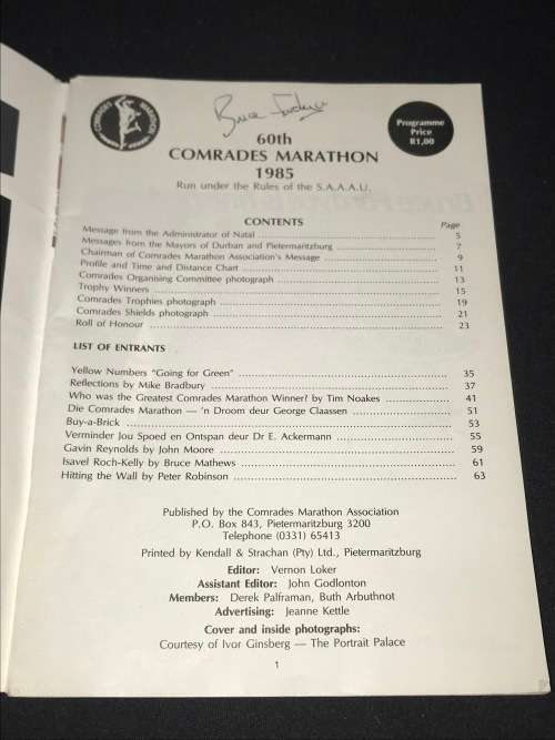 60TH COMRADES MARATHON 1985 PROGRAMME SIGNED BY BRUCE FORDYCE
