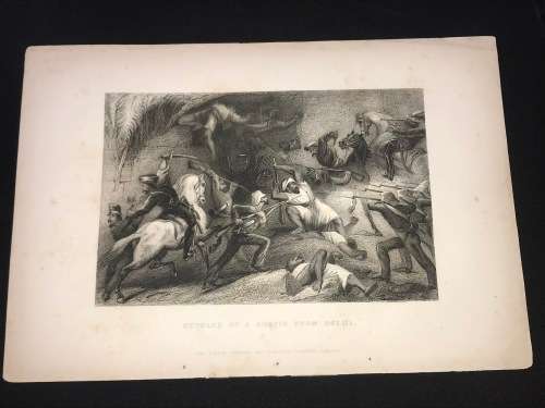 ORIGINAL ANTIQUE 1800'S PRINT OF THE REPULSE OF A SORTIE FROM DEHLI INDIA