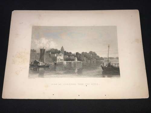 ORIGINAL ANTIQUE 1800'S PRINT OF THE VIEW OF CAWNPORE FROM THE RIVER INDIA