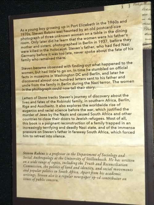 LETTERS OF STONE FROM NAZI GERMANY TO SOUTH AFRICA BT STEVEN ROBINS