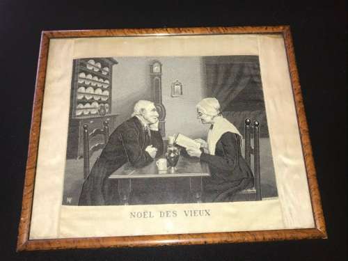 Antique Neyret Freres Stevengraph, Noel Des Vieux with Old Couple at Table, Framed French Woven Silk