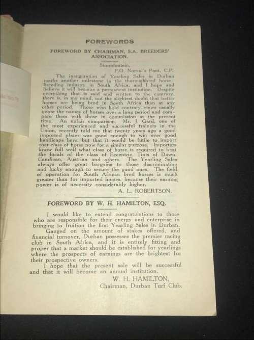 VINTAGE SALE OF THOROUGHBRED YEARLINGS DURBAN / WESTERN PROVINCE 1930'S CATALOGUES