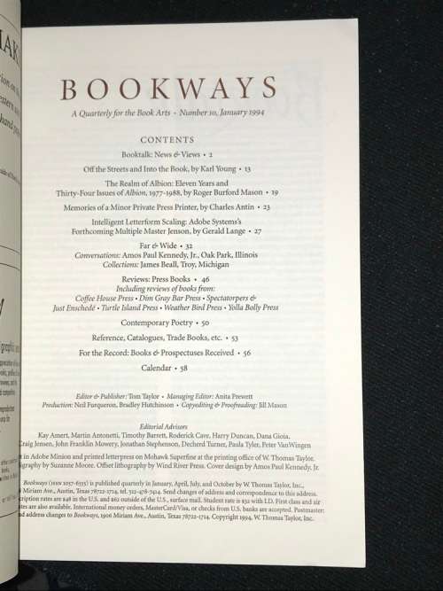 BOOKWAYS A QUARTERLY FOR THE BOOK ARTS NUMBER X JANUARY MCMXCIV