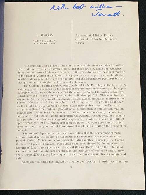 AN ANNOTATED LIST OF RADIOCARBON DATES FOR SUB-SAHARAN AFRICA BY J. DEACON SIGNED - ARCHEAOLOGY