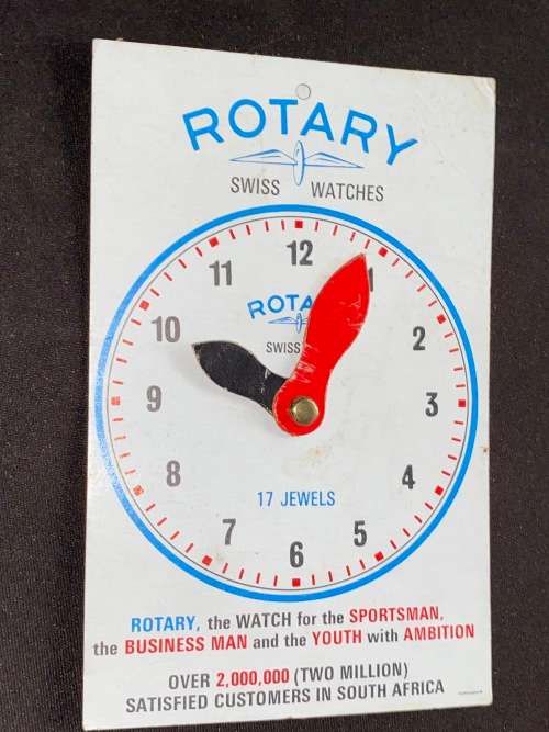 VINTAGE ROTARY SWISS WATCH CARDBOARD CLOCK ADVERTISING FOR SOUTH AFRICA