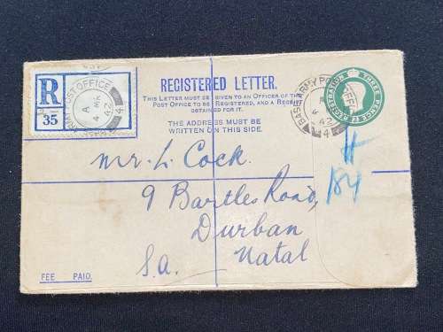 THREE PENCE REGISTERED LETTER FROM BASE ARMY POST OFFICE TO DURBAN NATAL