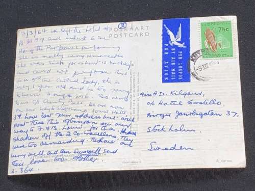 1964 SNAKE CATCHER POSTCARD TO SWEDEN