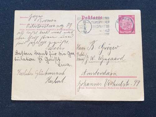 1935 DEUTSCHE REICH POSTKARTE TO AMSTERDAM