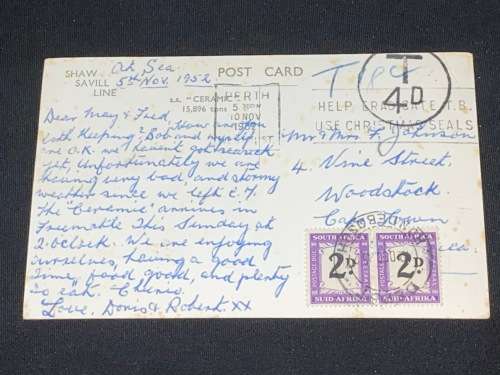 1952 SHAW SAVILL LINE POSTCARD TO WOODSTOCK CAPE TOWN