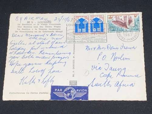 1967 FRANCE LOURDES THE BASILICA  POSTCARD TO CAPE PROVINCE