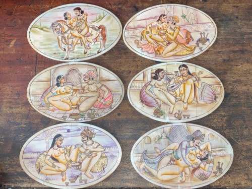 ANTIQUE INDIAN KAMA SUTRA PAINTINGS ON BONE DISCS