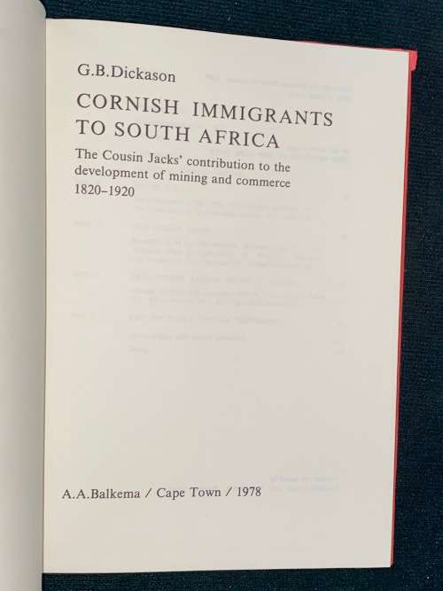 CORNISH IMMIGRANTS TO SOUTH AFRICA BY G.B. DICKASON