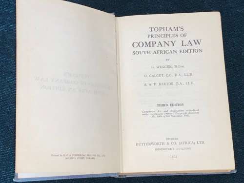 TOPHAM`S PRINCIPLES OF COMPANY LAW SOUTH AFRICAN EDITION 1953