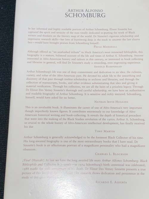 ARTHUR ALFONSO SCHOMBURG BLACK BIBLIOPHILE & COLLECTOR A BIOGRAPHY BY ELINOR DES VERNEY SINNETTE