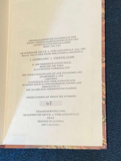 JOURNAL FUR FREYMAURER 1784 LIMITED EDITION REPRINT 47/333 GERMAN FREEMASONRY