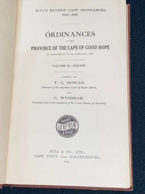 JUTA`S REVISED CAPE ORDINANCES 1911-1937 2 VOLUMES