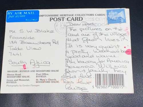NORTHHAMPTONSHIRE HERITAGE POSTCARD TO SOUTH AFRICA 2000