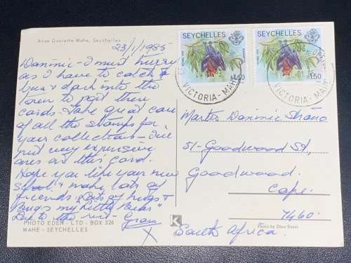 SEYCHELLES POSTCARD TO CAPE TOWN 1985