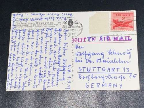 EMPIRE STATE BUILDING USA 1957 POSTCARD TO GERMANY