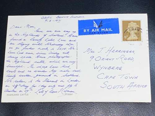 HIGHLAND CATTLE SCOTLAND POSTCARD TO CAPE TOWN 1971