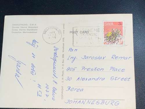 SWAKOPMUND SWA GERMAN MARINE MONUMENT POSTCARD  TO JOHANNESBURG 1977