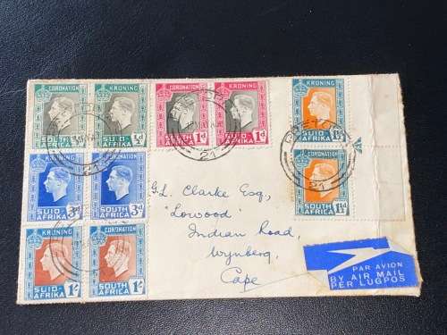 1937 SOUTH AFRICA CORONATION PAIRS AIRMAIL COVER TO WYNBERG