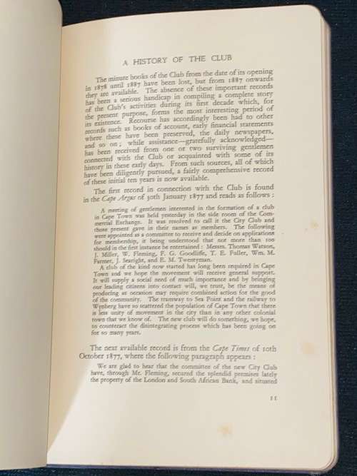 HISTORY OF THE CITY CLUB, CAPE TOWN 1878 - 1938