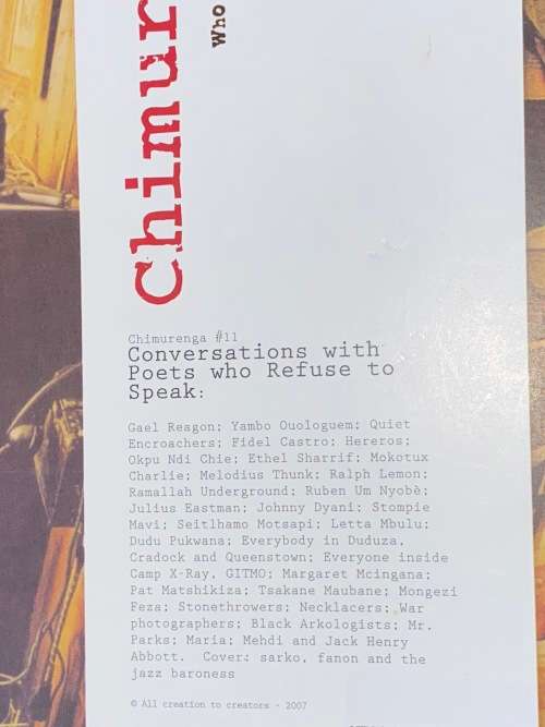 CHIMURENGA #11 CONVERSATIONS WITH POETS WHO REFUSE TO SPEAK