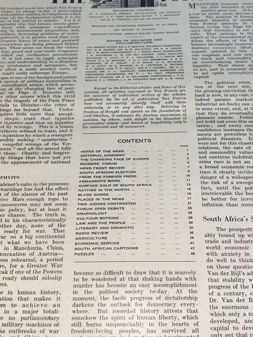 THE FORUM SOUTH AFRICA`S FIRST NATIONAL REVIEW CONSTRUCTIVE INDEPENDENT VOLUME 1 #1 1938
