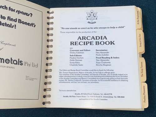 ARCADIA RECIPE BOOK - ARCADIA S.A. JEWISH CHILDREN`S HOME